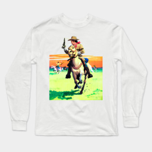 REVISTANGO #398 - Charge at Sunset: The Cowboy’s Last Ride Through the Fire Plains The Lone Rider, His Blazing Gun, and the Dust-Torn Horizon of the Western Frontier, Vintage Art Retro Style Comic Pulp Long Sleeve T-Shirt