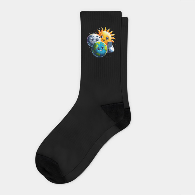 Sun, Moon, and Earth Selfie – Cute Space Humor Graphic Socks by MakerMind8.2
