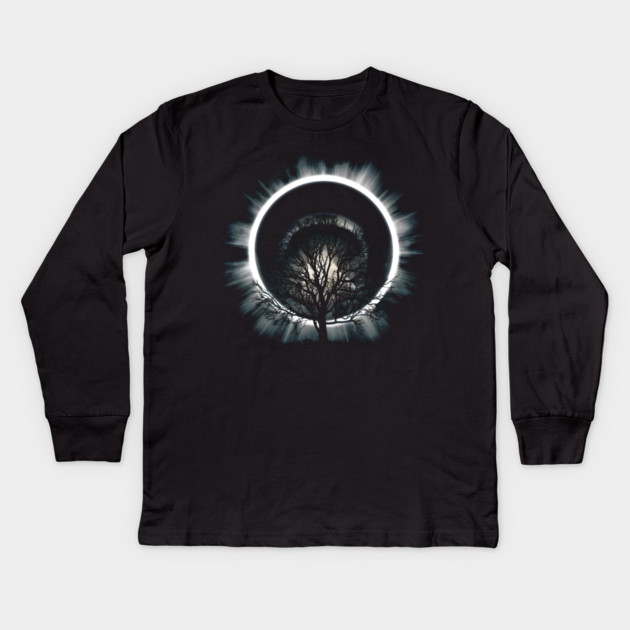 Eclipse Tree Silhouette – Cosmic Nature Artwork Graphic Kids Long Sleeve T-Shirt by MakerMind8.2