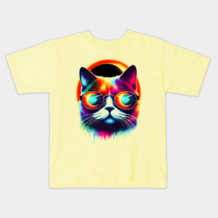 Psychedelic Neon Cat with Sunglasses – Colorful Retro Artwork Kids T-Shirt
