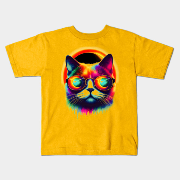 Psychedelic Neon Cat with Sunglasses – Colorful Retro Artwork Kids T-Shirt by MakerMind8.2
