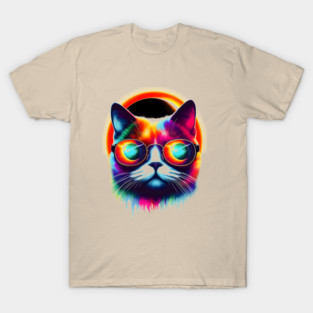 Psychedelic Neon Cat with Sunglasses – Colorful Retro Artwork T-Shirt