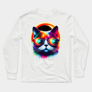 Psychedelic Neon Cat with Sunglasses – Colorful Retro Artwork Long Sleeve T-Shirt