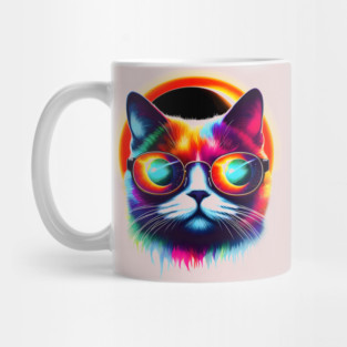 Psychedelic Neon Cat with Sunglasses – Colorful Retro Artwork Mug