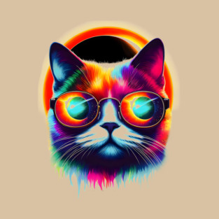 Psychedelic Neon Cat with Sunglasses – Colorful Retro Artwork T-Shirt