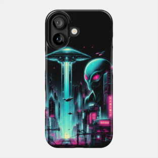 Neon Alien Invasion – Cyberpunk Sci-Fi City Artwork Graphic Phone Case