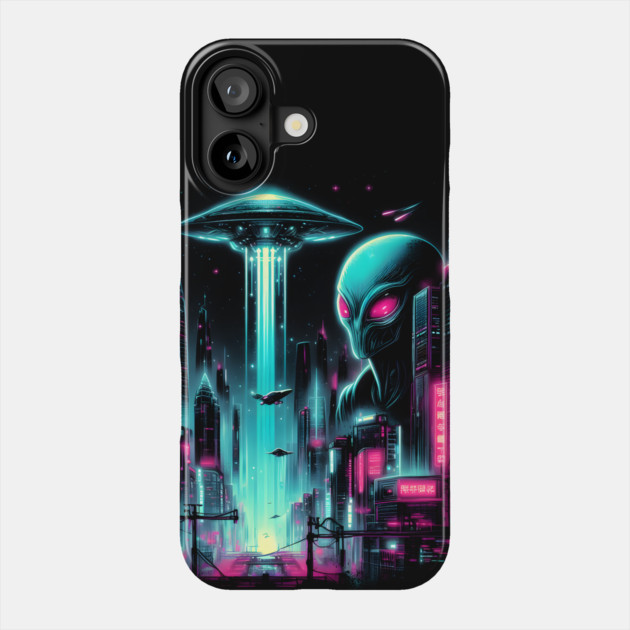 Neon Alien Invasion – Cyberpunk Sci-Fi City Artwork Graphic Phone Case by MakerMind8.2