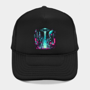 Neon Alien Invasion – Cyberpunk Sci-Fi City Artwork Graphic Hat