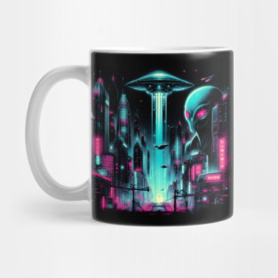 Neon Alien Invasion – Cyberpunk Sci-Fi City Artwork Graphic Mug