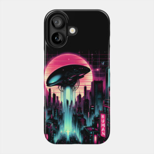 Neon UFO Invasion – Retro Cyberpunk Sci-Fi Artwork Graphic Phone Case