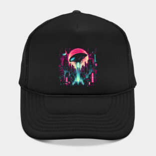 Neon UFO Invasion – Retro Cyberpunk Sci-Fi Artwork Graphic Hat