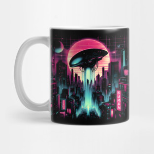 Neon UFO Invasion – Retro Cyberpunk Sci-Fi Artwork Graphic Mug
