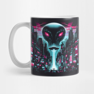Neon Alien Invasion – Futuristic Cyberpunk Sci-Fi Artwork Graphic Mug