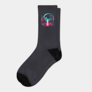 UFO Over Neon City – Retro Futuristic Sci-Fi Artwork Graphic Socks