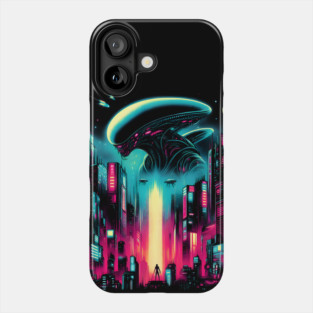 UFO Over Neon City – Retro Futuristic Sci-Fi Artwork Graphic Phone Case