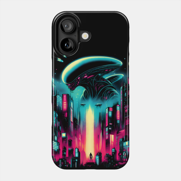 UFO Over Neon City – Retro Futuristic Sci-Fi Artwork Graphic Phone Case by MakerMind8.2