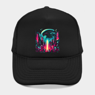 UFO Over Neon City – Retro Futuristic Sci-Fi Artwork Graphic Hat