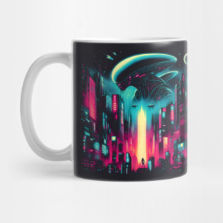 UFO Over Neon City – Retro Futuristic Sci-Fi Artwork Graphic Mug