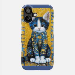 Gustav Klimt Style Kitten with Blue and Gold Dress Phone Case