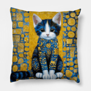 Gustav Klimt Style Kitten with Blue and Gold Dress Pillow