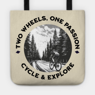 Cycle and Explore, Bicycle Rider in the Forest Tote