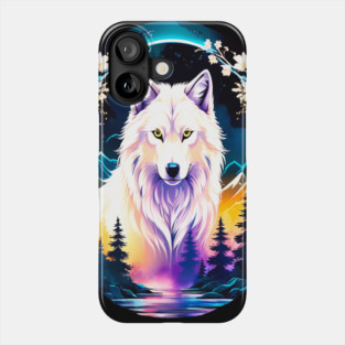 A White Wolf with Mountains, Floral Elements, Forests, Trees Phone Case