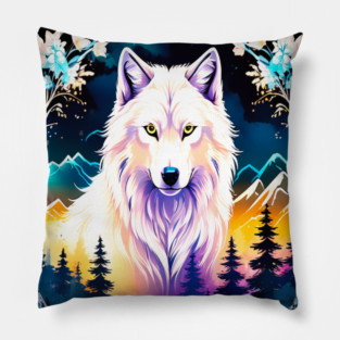 A White Wolf with Mountains, Floral Elements, Forests, Trees Pillow