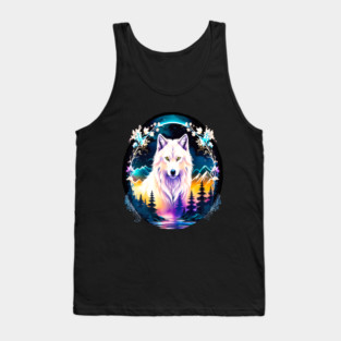 A White Wolf with Mountains, Floral Elements, Forests, Trees Tank Top