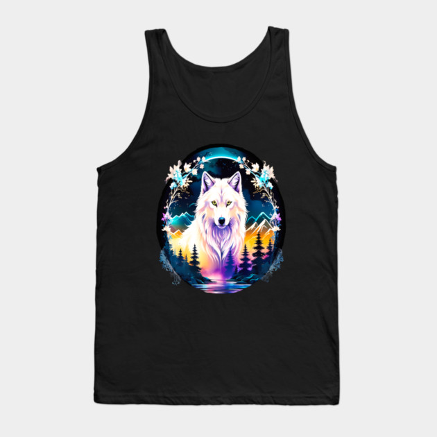 A White Wolf with Mountains, Floral Elements, Forests, Trees Tank Top by BirdsnStuff