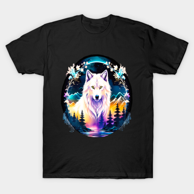 A White Wolf with Mountains, Floral Elements, Forests, Trees T-Shirt by BirdsnStuff