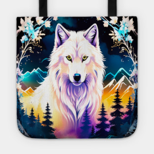 A White Wolf with Mountains, Floral Elements, Forests, Trees Tote