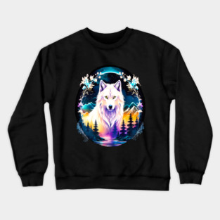 A White Wolf with Mountains, Floral Elements, Forests, Trees Crewneck Sweatshirt