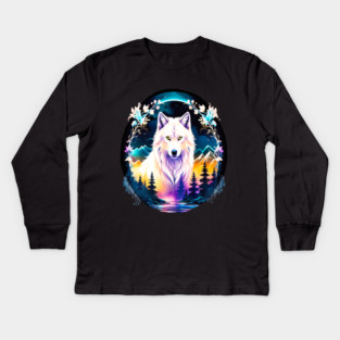 A White Wolf with Mountains, Floral Elements, Forests, Trees Kids Long Sleeve T-Shirt