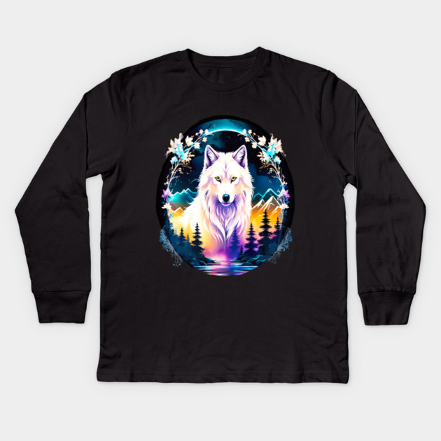 A White Wolf with Mountains, Floral Elements, Forests, Trees Kids Long Sleeve T-Shirt by BirdsnStuff