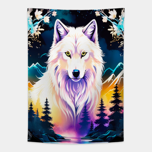 A White Wolf with Mountains, Floral Elements, Forests, Trees Tapestry by BirdsnStuff