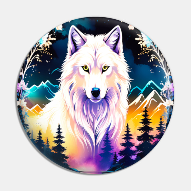 A White Wolf with Mountains, Floral Elements, Forests, Trees Pin by BirdsnStuff