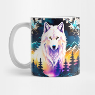A White Wolf with Mountains, Floral Elements, Forests, Trees Mug