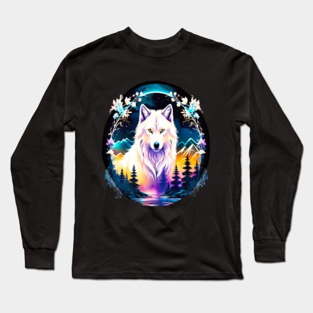 A White Wolf with Mountains, Floral Elements, Forests, Trees Long Sleeve T-Shirt by BirdsnStuff