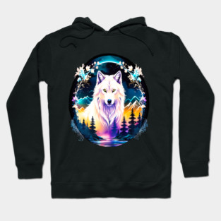 A White Wolf with Mountains, Floral Elements, Forests, Trees Hoodie