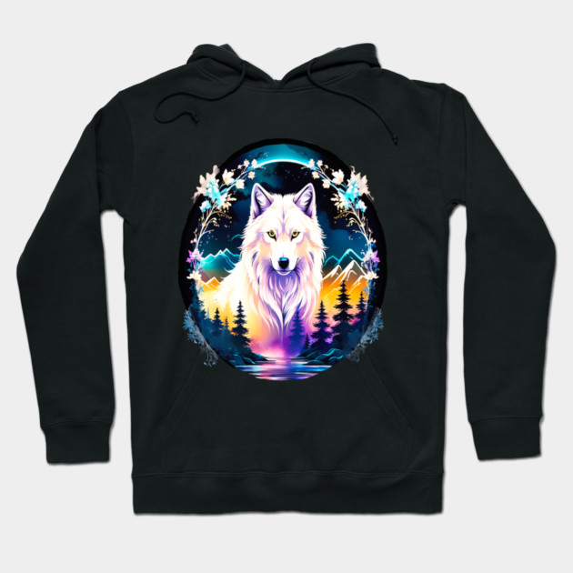 A White Wolf with Mountains, Floral Elements, Forests, Trees Hoodie by BirdsnStuff