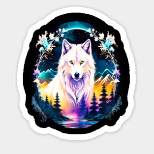 A White Wolf with Mountains, Floral Elements, Forests, Trees Sticker