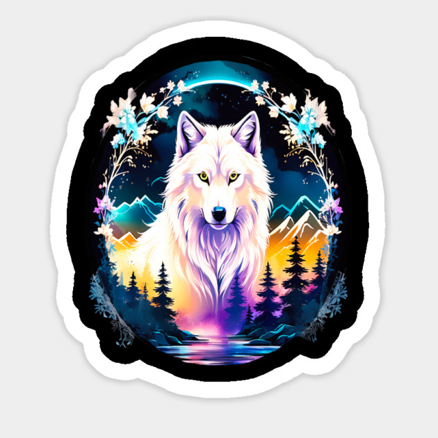 A White Wolf with Mountains, Floral Elements, Forests, Trees Magnet by BirdsnStuff