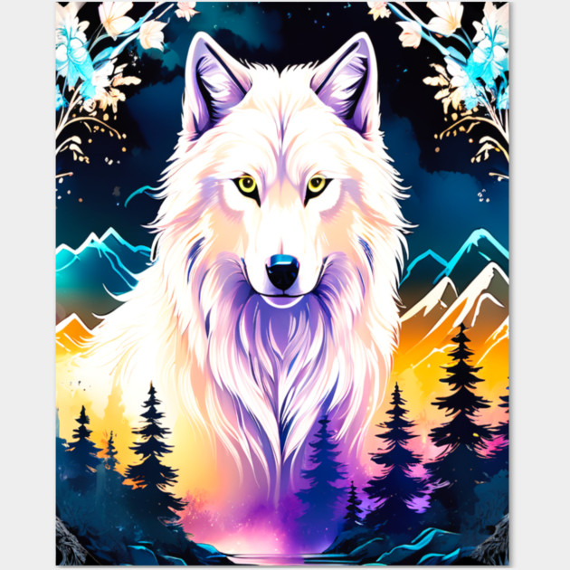 A White Wolf with Mountains, Floral Elements, Forests, Trees Wall Art by BirdsnStuff
