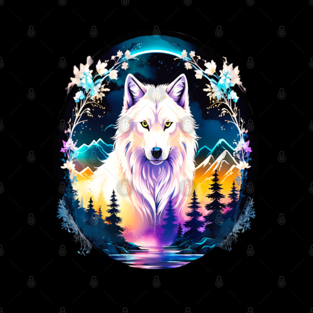 A White Wolf with Mountains, Floral Elements, Forests, Trees by BirdsnStuff