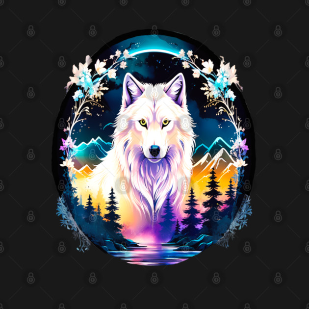A White Wolf with Mountains, Floral Elements, Forests, Trees by BirdsnStuff