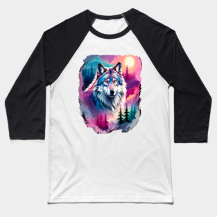 A Grey Wolf with Mountains, Floral Elements, Forests, Trees Baseball T-Shirt