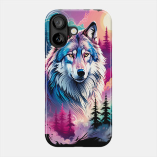A Grey Wolf with Mountains, Floral Elements, Forests, Trees Phone Case