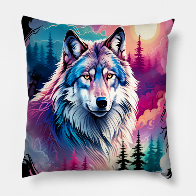 A Grey Wolf with Mountains, Floral Elements, Forests, Trees Pillow by BirdsnStuff