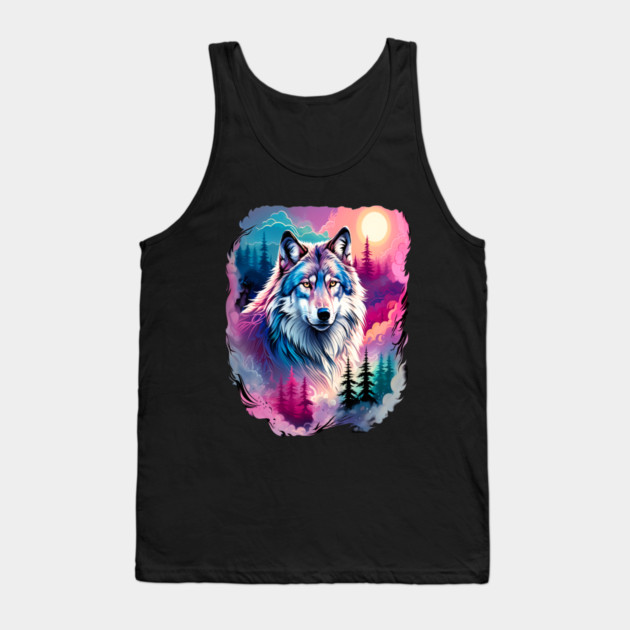 A Grey Wolf with Mountains, Floral Elements, Forests, Trees Tank Top by BirdsnStuff