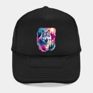 A Grey Wolf with Mountains, Floral Elements, Forests, Trees Hat